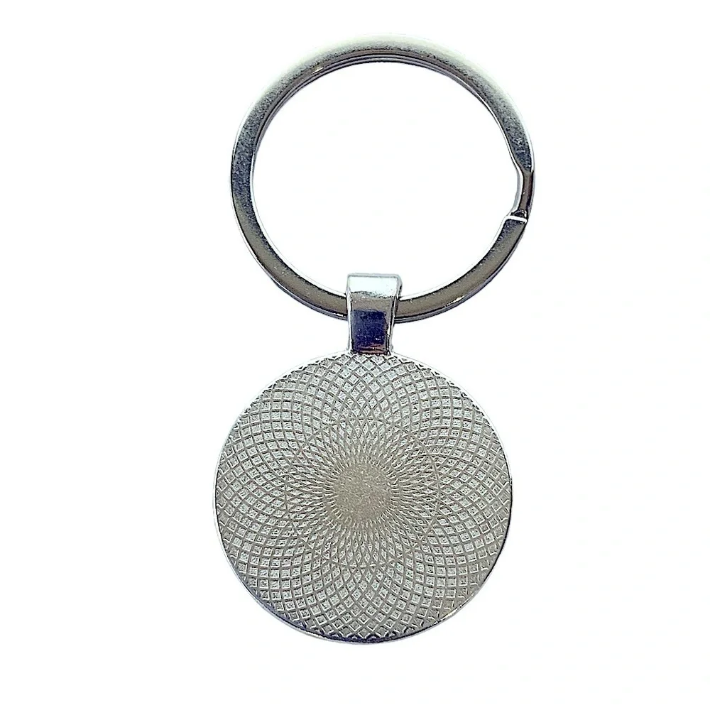 Alice in Wonder Land Keychain Key Holder Round Glass Cabochon Dome Silver Blue